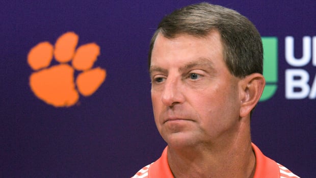 Coach Dabo Swinney speaks in the Smart Family Media Center of the Poe Indoor Facility in Clemson.